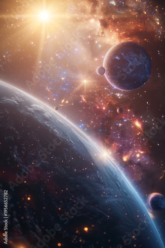 distant alien world planet, deep space landscape with several moons