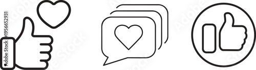 Digital Embrace: A trio of minimalist icons, a gesture of appreciation featuring a thumbs-up and a heart, symbolizing the essence of digital approval and admiration.