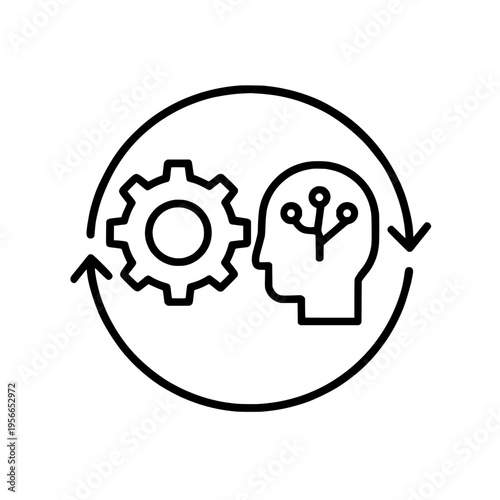 Black line icon of a gear and a human head with circuit inside a circular arrow