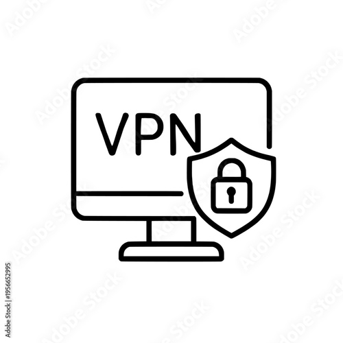 A black line icon of a computer monitor with a vpn and a shield with a padlock on it