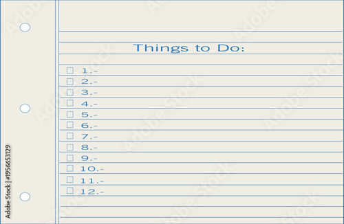 To do list notebook paper with checkboxes and numbered lines vector isolated on transparent background.