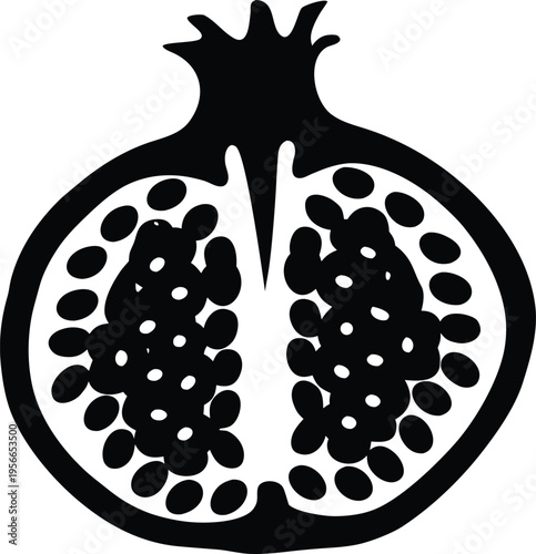 a pomegranate split open with seeds visible the entire image silhouette vector illustration on transparent background