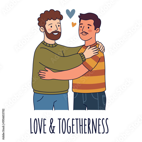 Two smiling gay men hugging each other under hearts with love and togetherness text