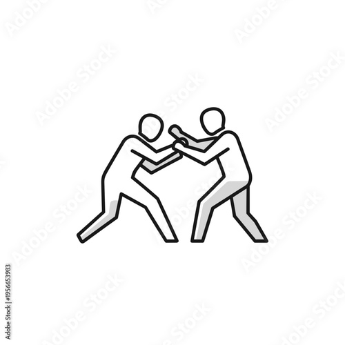 Two stick figures wrestling in a competitive match   