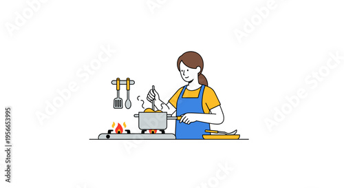 Woman cooking soup on stove in kitchen with utensils hanging  