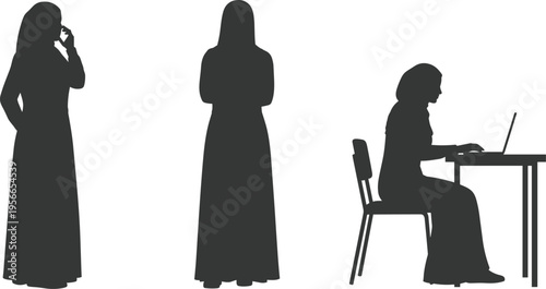 Modest Dress Woman Silhouettes Set — Standing, Thinking, and Working at Desk Poses