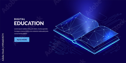 Isometric vector open book on glowing circuit board background. Concept for knowledge education, data digital technology