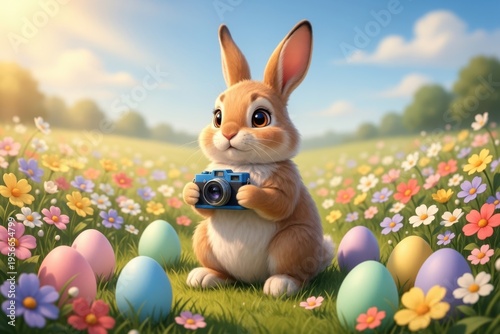 A cute brown bunny holding a small blue camera in a sunny field filled with colorful spring flowers