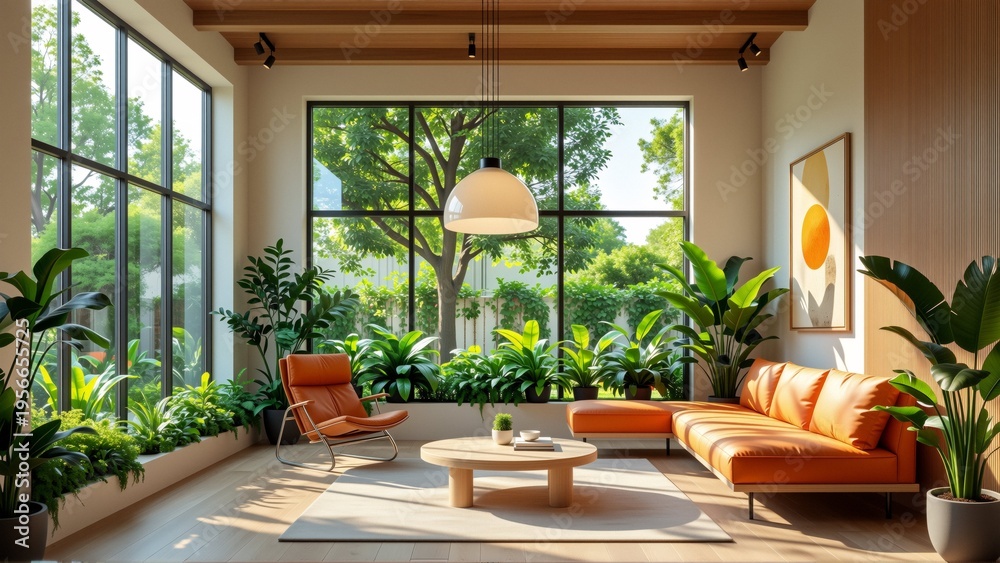 Fototapeta premium modern living room large window offers view greenery outside room has wooden ceiling wooden beam large pendant light hanging floor light colored wood walls painted neutral color room furnished orange