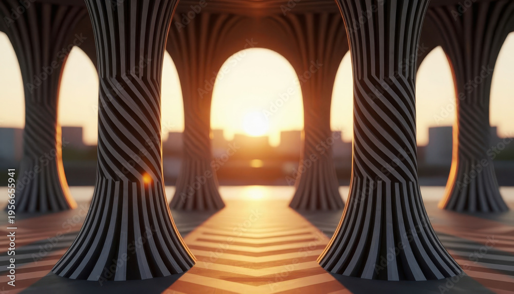 Fototapeta premium tall columns with black and white stripes, creating a striking pattern. The sun sets in the background, enhancing the visual appeal of the architecture.