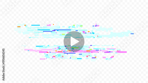 Transparent vector glitch burst with central play icon, cyan magenta bars and pixel noise, ideal for video intro, stream overlay, media interface, channel opener and broadcast transitions.