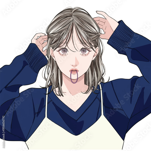 ヘアゴムを口にくわえて髪を結ぶ女性のイラスト (Anime woman tying her hair with a hair tie in her mouth)