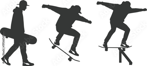 Skateboarder Silhouette Set — Carrying Board, Performing Jump, and Grinding Rail Poses