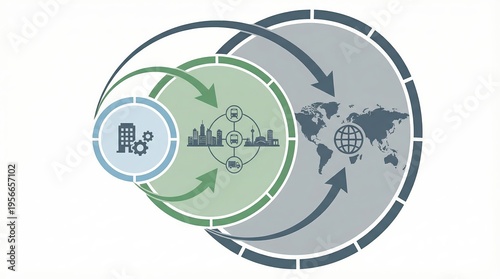 Multi stage infographic showing company growth from local urban logistics and processes to international markets, distribution networks and global supply chain expansion