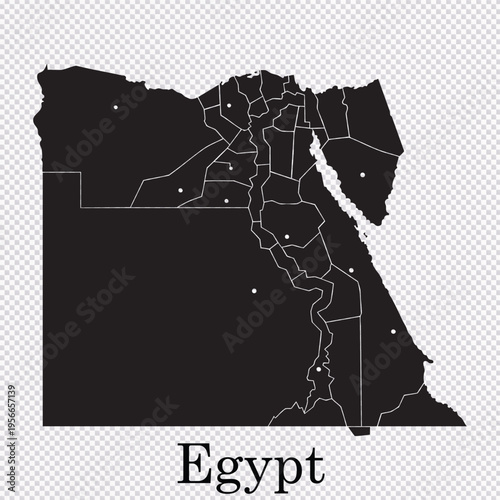 Country-map, Black Egypt map with Administrative Divisions, Detailed Borders, Minimalist Vector Design | Manually refined vector map.
