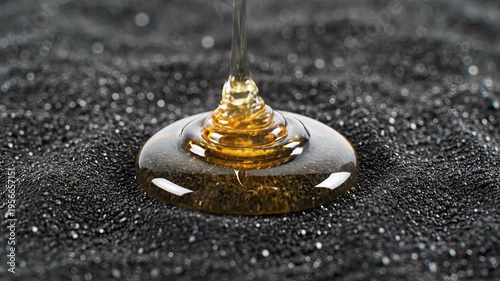 Title:
Macro close-up of thick golden honey being poured onto a dark textured surface
