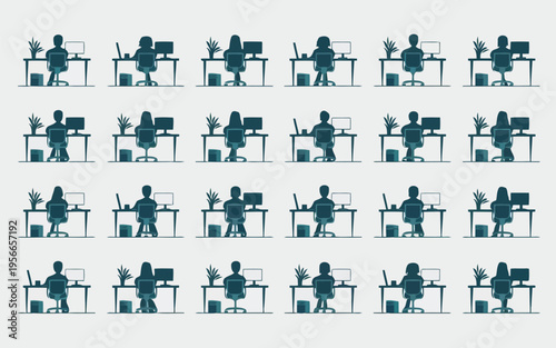 Colorful grid of stylized character icons with various emotions and actions