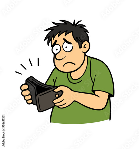 Worried cartoon man staring at his smartphone with a troubled expression. Anxiety, bad news and screen addiction concept isolated on dark background for modern stress related design.