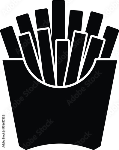 French fries vector silhouette illustration with fast food snack in paper carton, crispy potato sticks symbol isolated on white background.