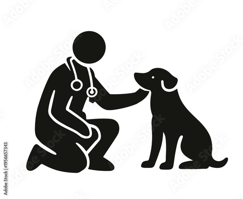 Veterinary specialist kneeling with a dog and using a stethoscope during a health check. Clean black vector for pet clinic, animal care, diagnosis, medical exam, and wellness concepts.