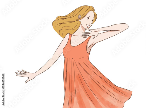 オレンジ色のワンピースを着て楽しく踊る女性のイラスト (Carefree young woman in flowing orange dress twirling and dancing)
