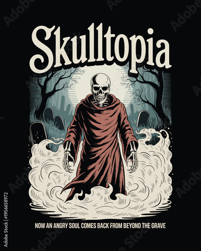 Skulltopia vector illustration of angry skeleton soul rising from grave in cemetery fog