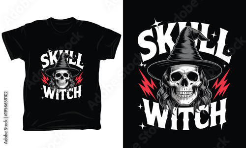 Skull witch with hat and lightning illustration