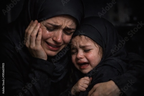 Heartbreaking portrait of a crying Muslim mother and daughter in black hijabs. Concept of war, refugee crisis, loss and human suffering