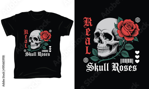 Skull with red rose vector illustration