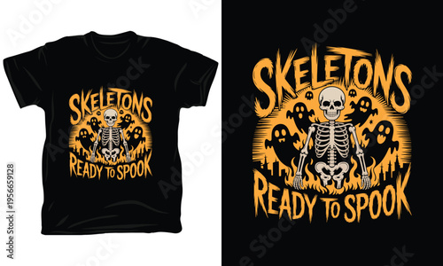 Skeleton with ghosts and city illustration