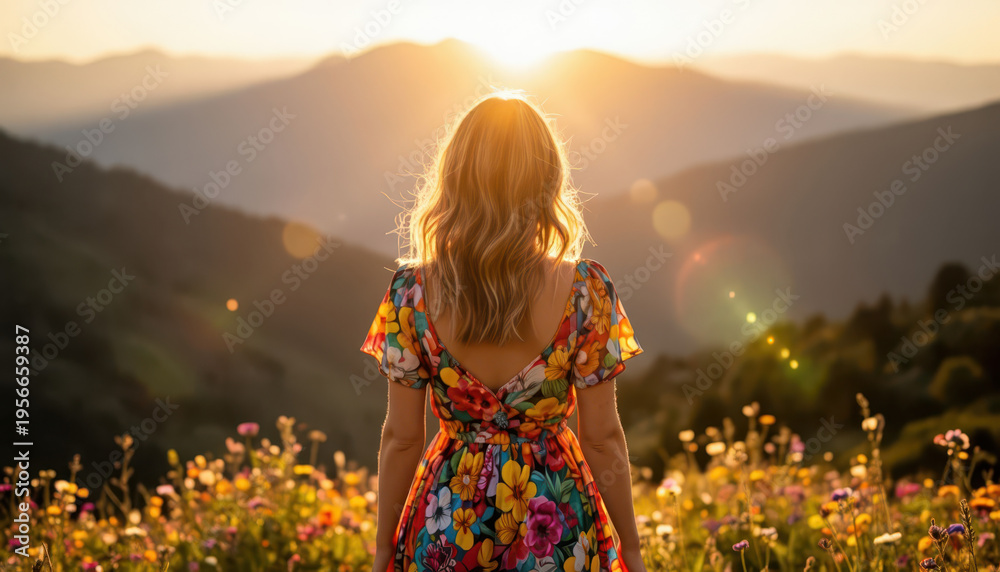 Naklejka premium A woman stands in a flower field, with mountains in the background. The sunset casts a warm glow on the woman and flowers, creating a serene landscape.