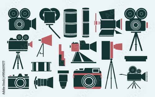 Collection of vintage and modern photography equipment icons in black and white
