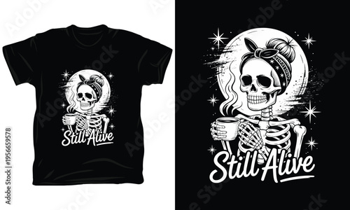 Still alive, skeleton drinking coffee, halloween or macabre humor illustration vector
