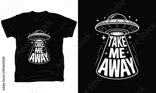 Take me away, flying saucer with beaming light, science fiction space vector illustration