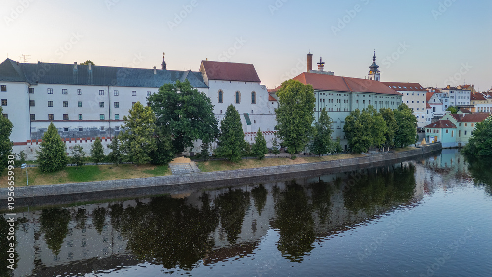 Fototapeta premium Sunset panorama of Otava river in Pisek, Czech republic