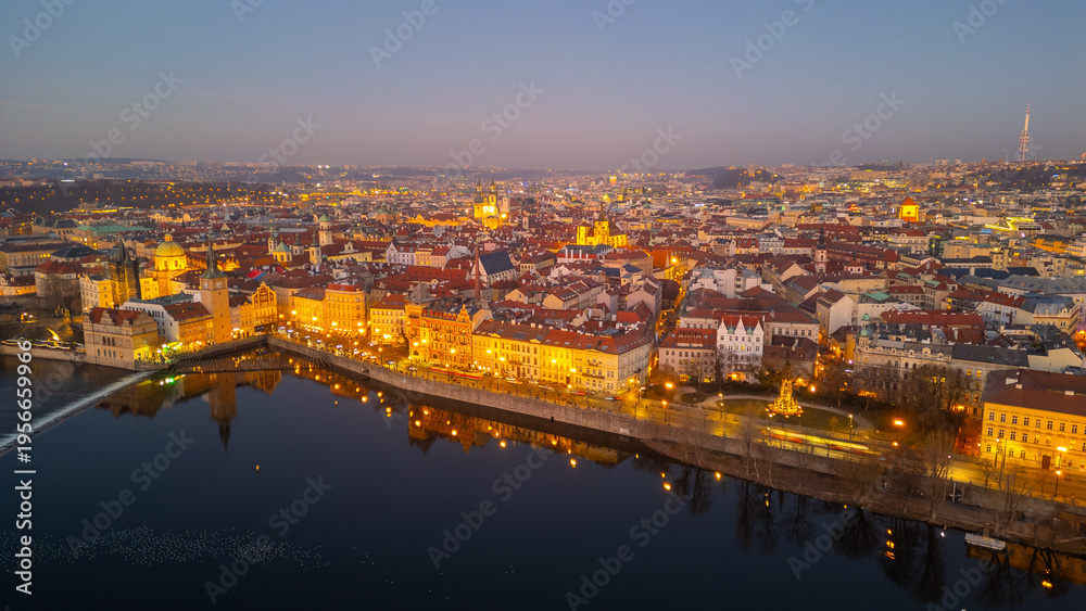 Obraz premium Sunset aerial view of Smetanovo nabrezi riverside in Prague, Cze