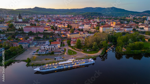 Sunset view of riverside of Labe at Litomerice, Czech republic