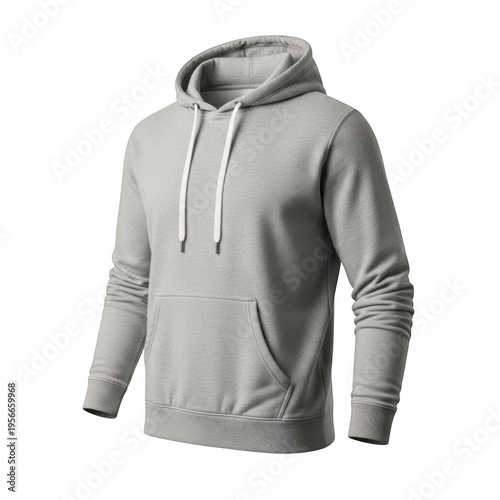Light grey hoodie with front pocket and drawstring hood isolated on transparent background