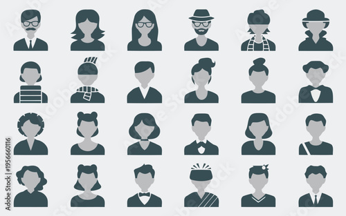 Diverse group of stylized human avatars with unique headwear and expressions