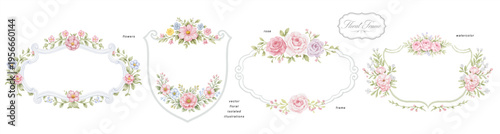 Elegant floral frame vector set with watercolor roses and delicate flowers. Vintage decorative borders perfect for wedding invitations, greeting cards, branding, labels and romantic designs.