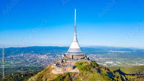 Bild auf Leinwand Aerial view of Jested tower during a sunny day near Liberec, Cze