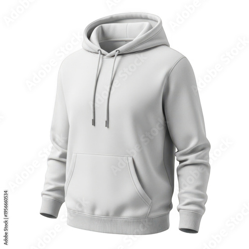 Light gray hooded sweatshirt with front pockets and drawstring hood isolated on transparent background