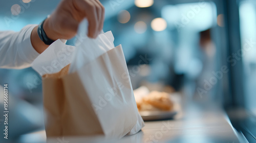 Friendly cashier passes takeaway bag, soft glow, motion blur, defocused restaurant backdrop, cinematic vibe