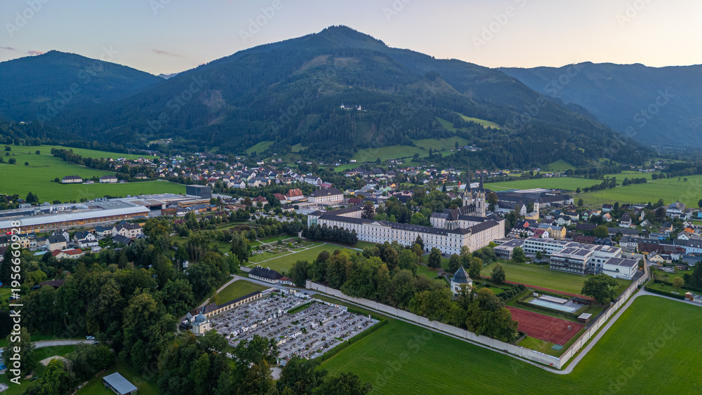 Fototapeta premium Sunset panorama view of Admont abbey in Austria
