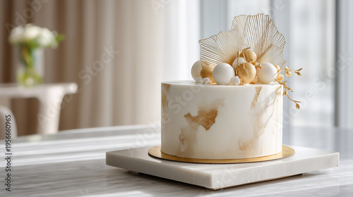 Refined centenary cake with gold topper on marble base, airy natural light, subtle shadows, premium styling