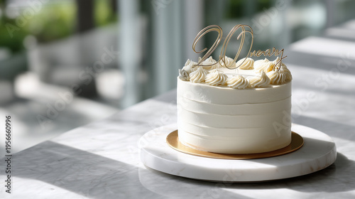 Refined centenary cake with gold topper on marble base, airy natural light, subtle shadows, premium styling