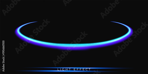 Glowing blue and purple neon light arc curve with smooth luminous trails on transparent background, futuristic energy ring effect, abstract sci-fi light streak, isolated glowing loop.