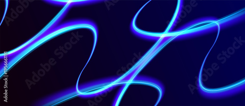 Dynamic abstract neon light trails in vibrant blue and purple glowing on deep black background, futuristic digital energy waves and flowing luminous curves creating mesmerizing motion effect