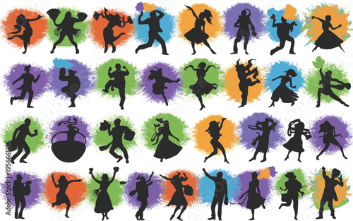 Colorful abstract illustration of human-like figures with diverse facial expressions and emotions