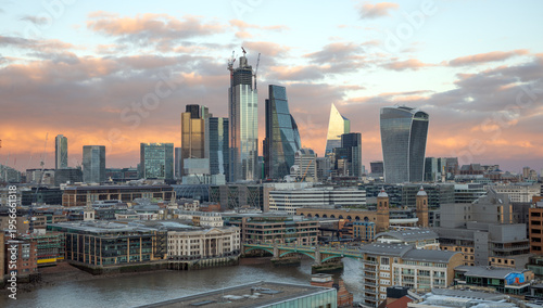 Modern skyline of the City of London at sunset, United Kingdom